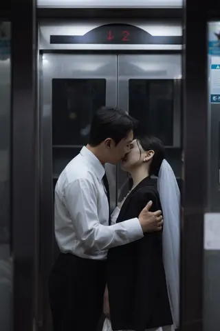 엘리베이터 앞에서 입맞춤하는 신랑 조황덕과 신부 홍은주